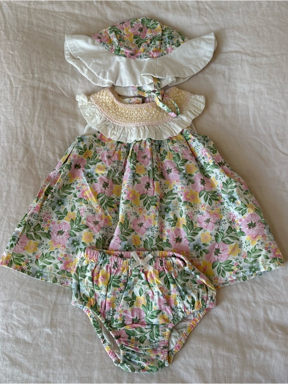 Joie Floral Print Dress Bloomers Sunhat 3 Piece Matching Set Size 3-6 Months